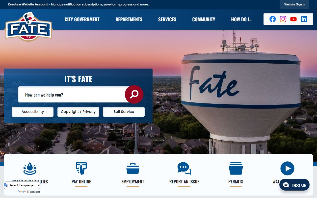 City of Fate official website for Fate White Pages searches