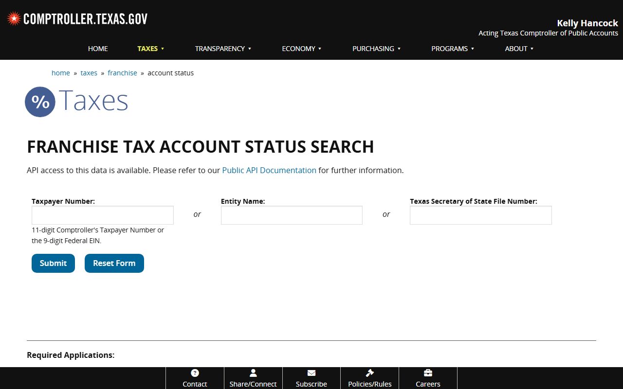 Texas White Pages Taxable Entity Search Portal